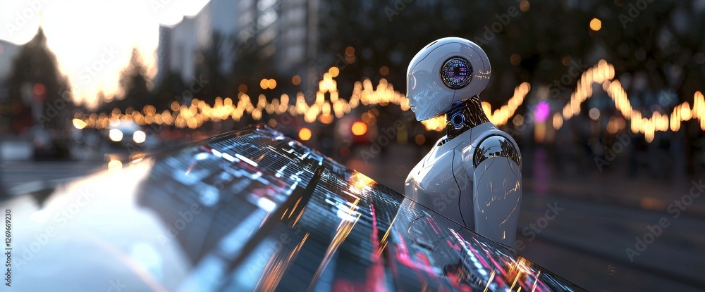 Poster a futuristic smart city exists within a digital world metaverse, where 3d ai stock robots and digita