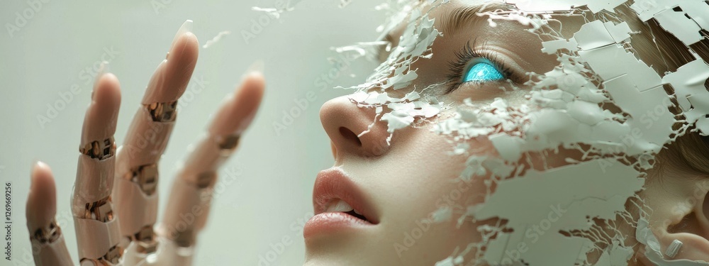 Poster concept of ai stock automated digital technology industry 4.0 revolution in a 3d humanoid ai robot m