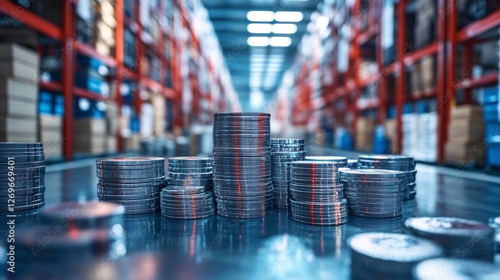 Aufkleber stacks of coins forming a growth chart in warehouse setting