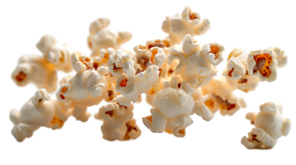 Flying Popcorn Kernels Airy Snack Texture, Sweet Background for Movie Themes, isolated on transparent background.