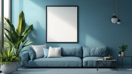 modern interior design with blue accent wall , minimalist black  framed artwork or picture , and stylish blue  sofa with  pillows in a well-lit living space with green plants 