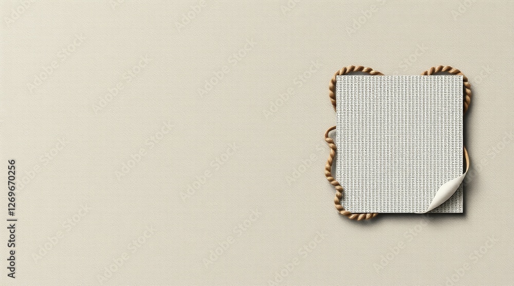 Poster a white background with a piece of paper with a rope on it. the rope is attached to the paper and is