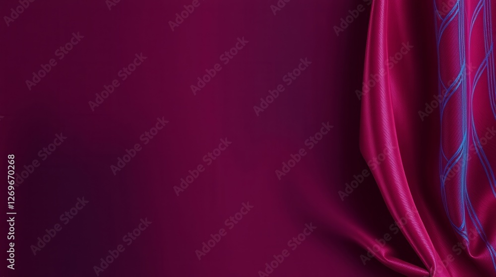 Poster a purple background with a blue and white patterned fabric. the fabric is draped over the background