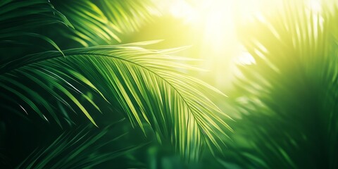 Obraz premium Lush Palm Fronds, Vibrant Green Foliage, Sunbeams Through Leaves, Peaceful Nature Background