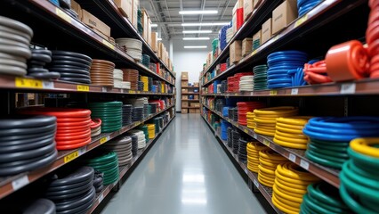 Collecting tubing, Hardware store aisle filled with coiled tubes of varied sizes and colors.