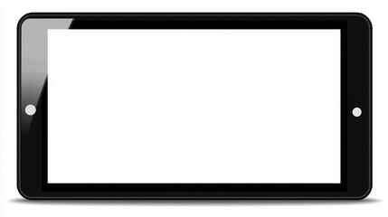 Image of a contemporary black tablet computer displaying a blank screen in a horizontal orientation, set against a plain white backdrop, in PNG format