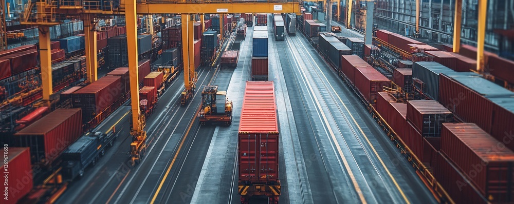 Poster freight train carrying containers is moving between gantry cranes in a shipping terminal