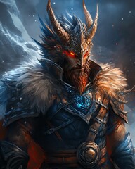 cartoon character colorful fantasy detailed realistic face digital Fantasy warrior in mythical creature armor.