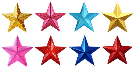 Set of three-dimensional, five-pointed different decorative stars isolated on a transparent background. Red, Blue, Yellow, Pink, Sky blue stars 3D PNG