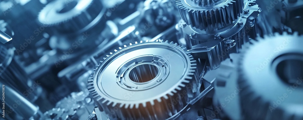 Poster Complex system of shiny metallic cogwheels working together