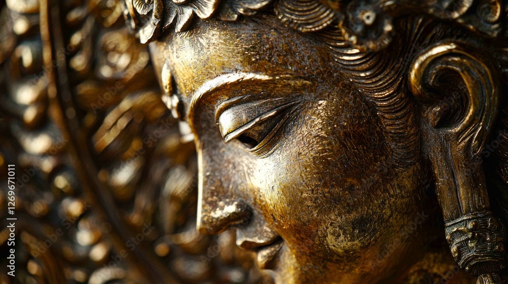 Poster detailed macro capture of golden statue with intricate engravings