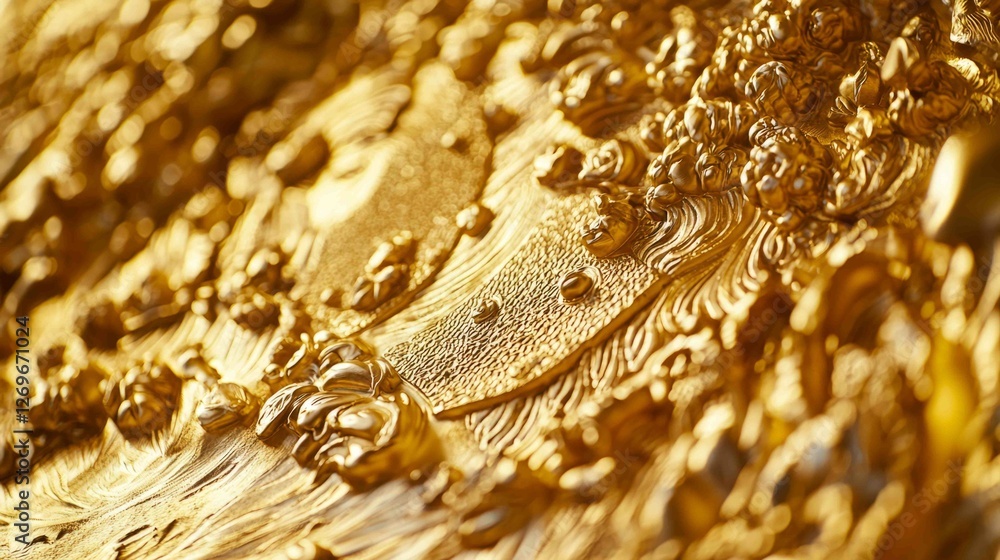 Poster macro detail of engraved golden statue with intricate patterns