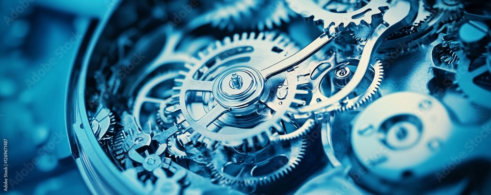 Poster complex clock mechanism is working with many gears