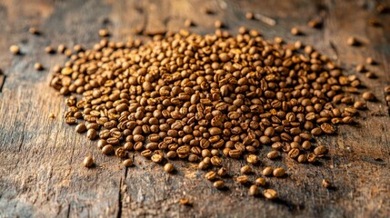 Detailed Macro Shot of Freshly Roasted Coffee Beans on Wood