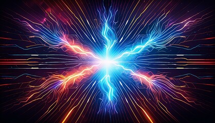 dark background of futuristic scene with electric flash powerful discharge abstract lightning effect useful as techno party flyer background or modern sci fi graphic project