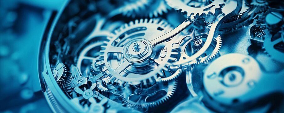 Complex clock mechanism is working with many gears - Powered by Adobe