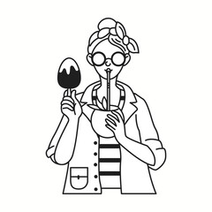 A stylish young woman in sunglasses holding an ice cream and a summer cocktail in a coconut, illustrated in black and white doodle style with simple lines.