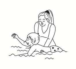 A mother guiding her young child in the water, helping them learn to swim in a simple doodle-style illustration with happy expressions.