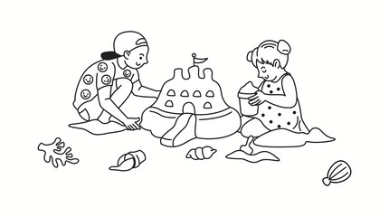Two kids playing on the beach, building a detailed sandcastle together, surrounded by seashells and sand, drawn in a playful doodle-style.