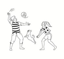 Two friends playing beach volleyball with a dog jumping along, having fun under the sun in a playful doodle-style illustration.