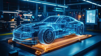 Holographic projection of a sports car being designed in a factory setting