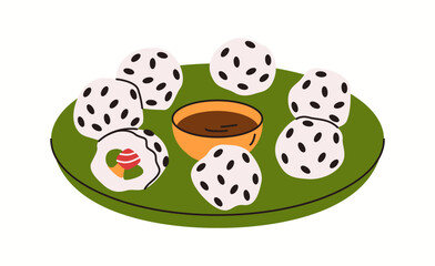 Illustration of round Asian rice balls covered in black sesame seeds, served on a green plate with dipping sauce, in a clean and colorful vector style.