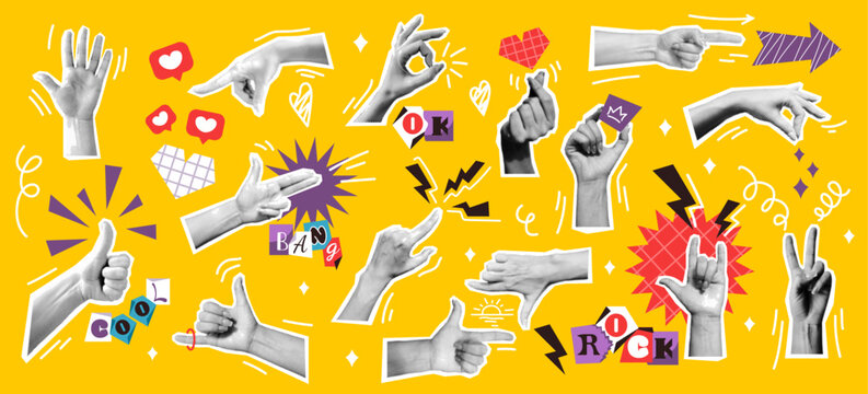 Contemporary art collage showcasing various hand gestures vector illustrations set. Graphic symbols and doodles of body language on yellow backdrop