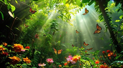 Dense jungle with towering trees, thick vines hanging down, and colorful butterflies fluttering around vibrant flowers as the sun filters through the canopy. 