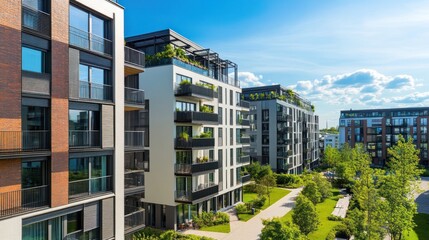 Modern Apartment Buildings with Green Spaces and Balconies Under Blue Sky