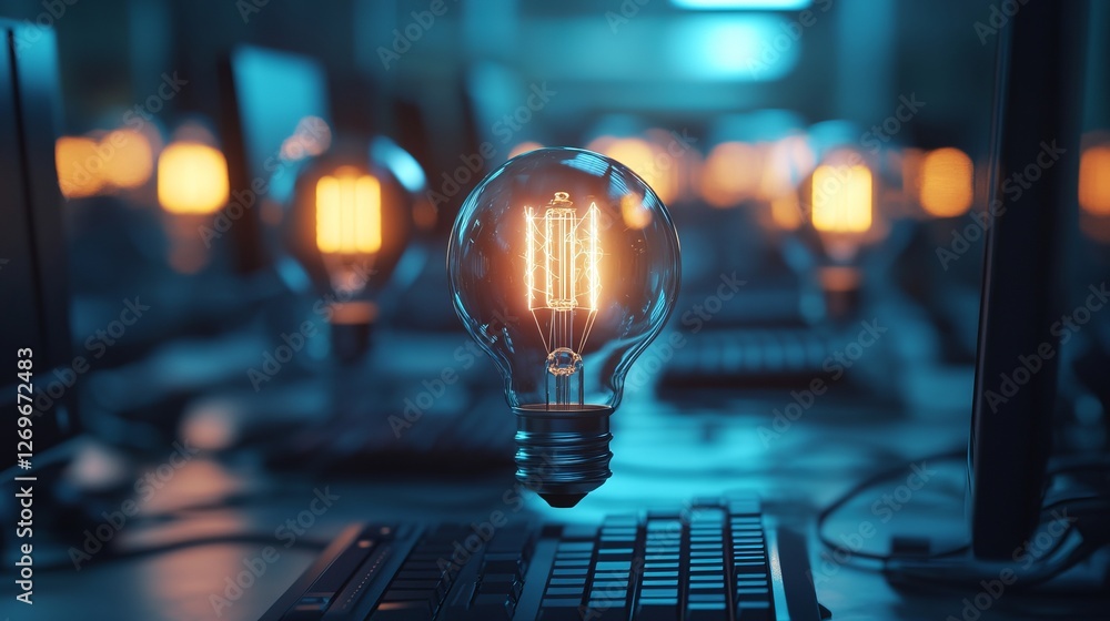 Poster innovative business technology concept featuring multiple computers with a glowing light bulb symbol