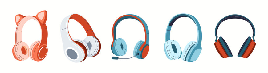 Stylish and colorful wireless headphones flat color vector icon set. Trendy headphones perfect for enjoying music objects pack on white background