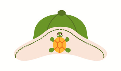 Illustration of a turtle-themed bucket hat with a wide beige brim and a green top, featuring a small turtle print for a cute summer style.