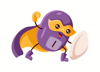Illustration of an iodine superhero character in purple and yellow, holding a white shield, representing its role in thyroid health and metabolism.