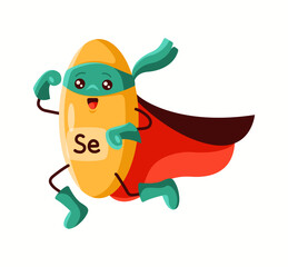 Illustration of a selenium superhero character in yellow with a red cape, symbolizing its antioxidant properties and immune system support.