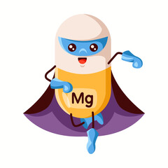Illustration of a magnesium superhero character in yellow and white, flexing muscles, representing its importance in muscle function and relaxation.
