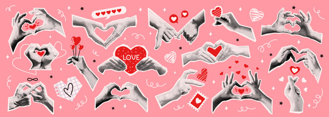 Hand gestures forming heart shapes art collage vector halftone illustration set. Expressing love and affection in body language on pink background