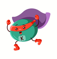 Illustration of a potassium superhero character with a green body, red mask, and purple cape, emphasizing its role in body function and muscle health.