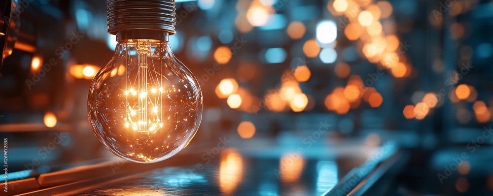 Aufkleber light bulb shining with filament glowing in abstract background
