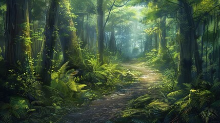 Dense rainforest path winding through tall trees, with ferns and moss covering the ground and the distant sound of rushing water echoing through the trees. 