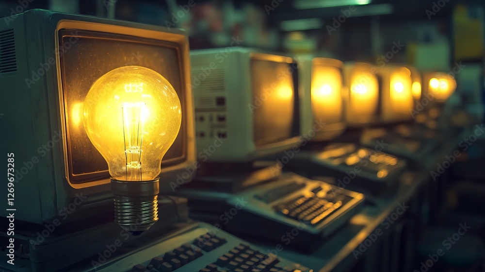 Aufkleber innovative business technology concept featuring multiple computers with a glowing light bulb symbol