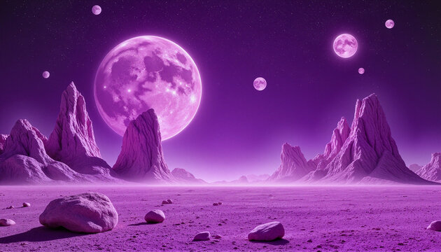 Surreal alien landscape with glowing purple desert and towering mountains under twin moons, otherworldly mystery