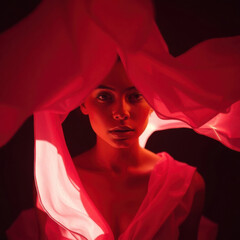 Model with flowing fabric in vibrant red lighting showcases striking elegance in a creative photoshoot at night