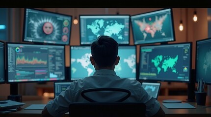 A man is sitting in front of a computer monitor with a map of the world on it. He is looking at the screen intently