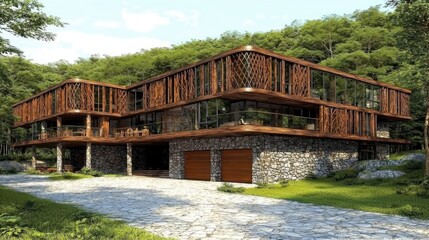 Fototapeta premium Modern wooden house, forest setting, driveway, architectural rendering, real estate