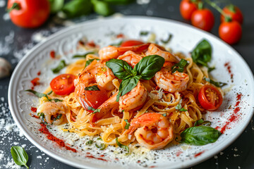 Plate of shrimp pasta with tomatoes and basil