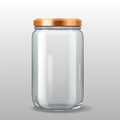 3D illustration of a tall transparent cylindrical glass jar with a copper-colored metal lid. Ideal for storing food, grains, and dry ingredients.