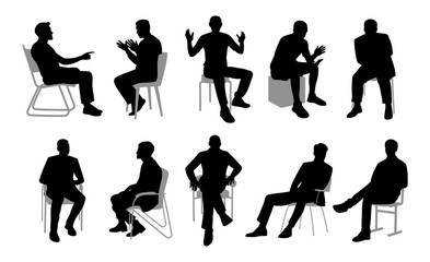 Silhouettes of men engaging in various postures and gestures in a minimalistic setting with chairs and stools