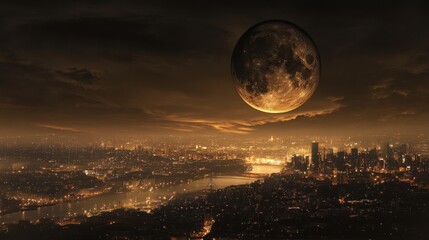 Gigantic Moon Over Night City Lightscape