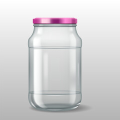 3D realistic illustration of a tall transparent glass jar with a pink lid. Ideal for kitchen storage, food preservation, and decorative use.