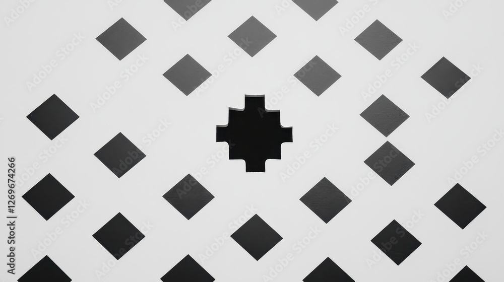 Poster chessboard design with one missing piece representing imperfection and mystery in a minimalistic sty
